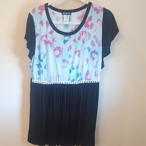 Pastel Leopard Panel Babydoll Top with Pom Trim